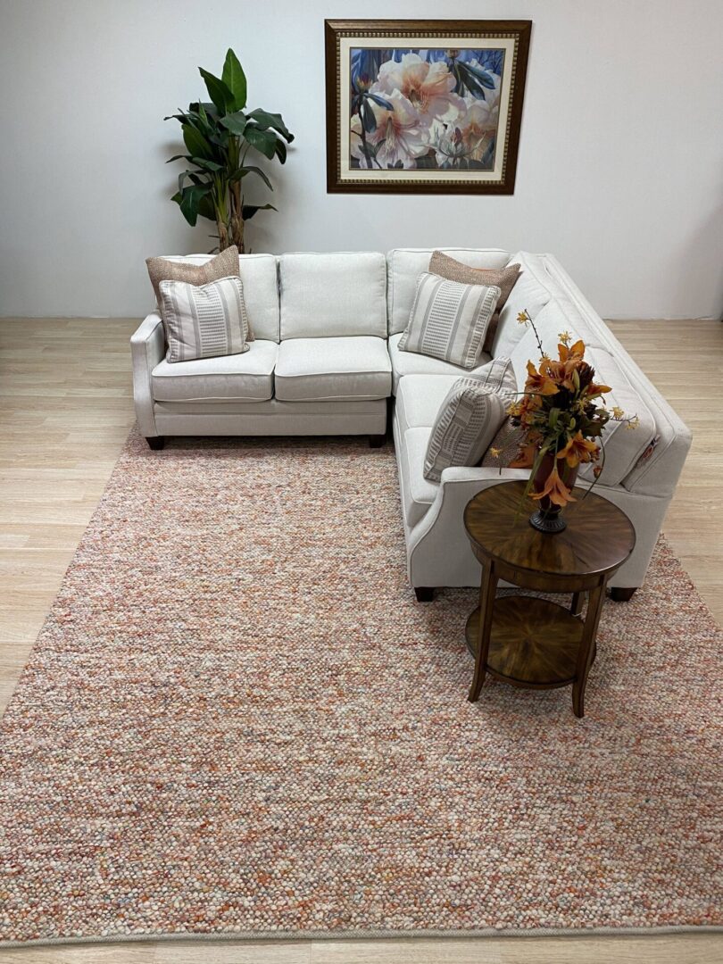 A brownish to beige rug beneath a white L-couch